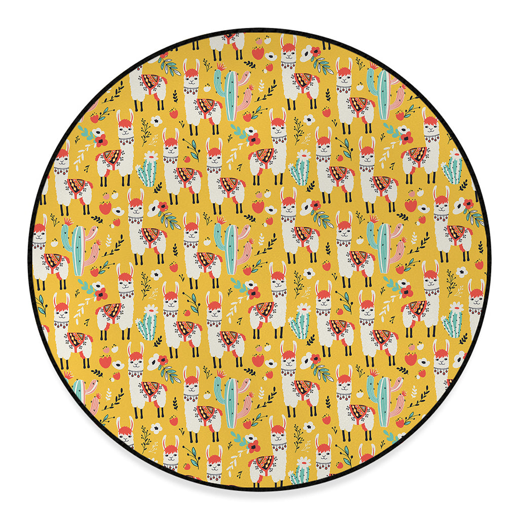 Yellow Llama Pattern Print Round Floor Mat