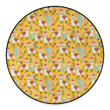 Yellow Llama Pattern Print Round Floor Mat