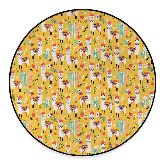 Yellow Llama Pattern Print Round Floor Mat