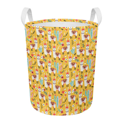 Yellow Llama Pattern Print Round Laundry Basket