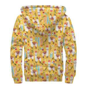 Yellow Llama Pattern Print Sherpa Lined Zip Up Hoodie