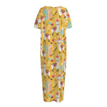 Yellow Llama Pattern Print Short Sleeve Long Nightdress