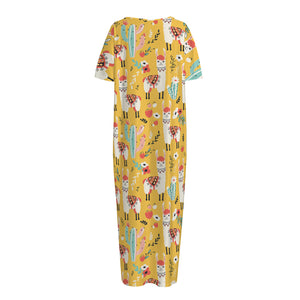 Yellow Llama Pattern Print Short Sleeve Long Nightdress