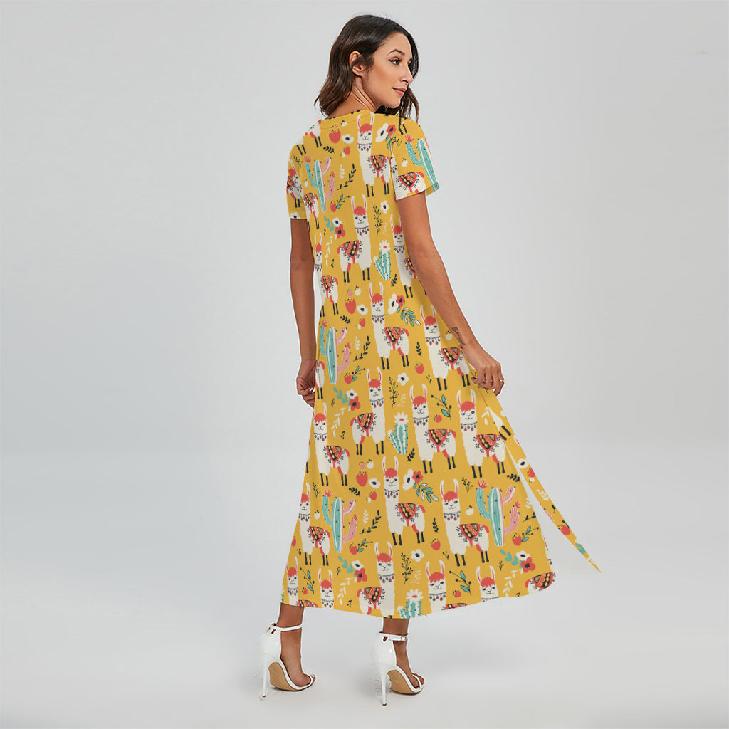 Yellow Llama Pattern Print Short Sleeve Maxi Dress