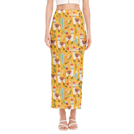 Yellow Llama Pattern Print Side Slit Maxi Skirt