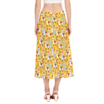 Yellow Llama Pattern Print Side Slit Midi Skirt
