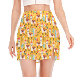 Yellow Llama Pattern Print Side Slit Mini Skirt