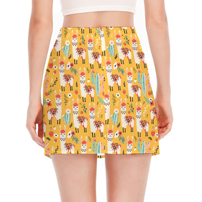 Yellow Llama Pattern Print Side Slit Mini Skirt