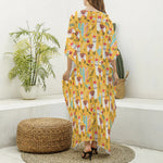 Yellow Llama Pattern Print Silk V-Neck Kaftan Dress