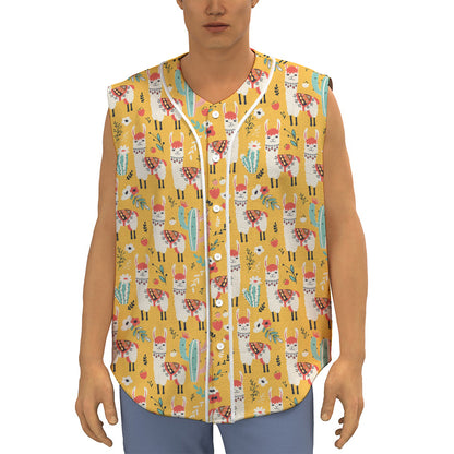 Yellow Llama Pattern Print Sleeveless Baseball Jersey