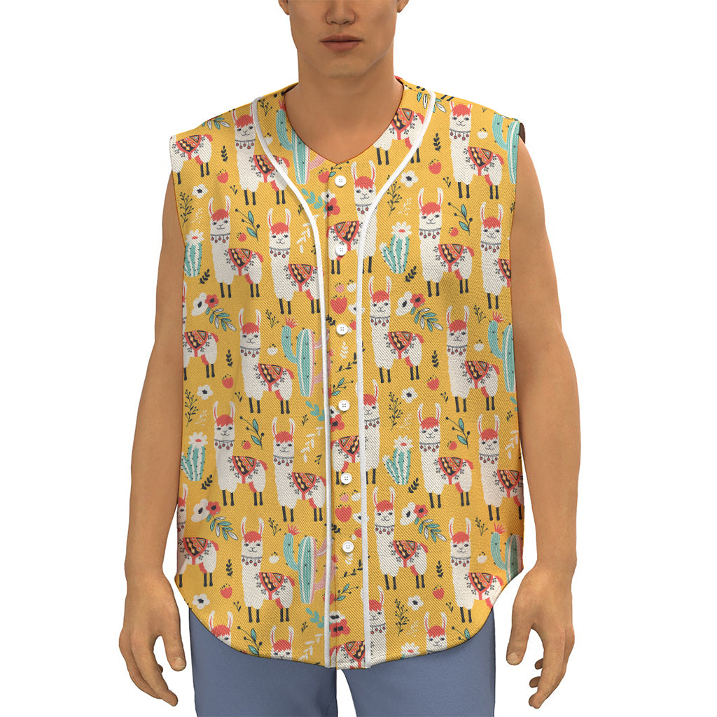 Yellow Llama Pattern Print Sleeveless Baseball Jersey