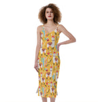 Yellow Llama Pattern Print Slim Fit Midi Cami Dress