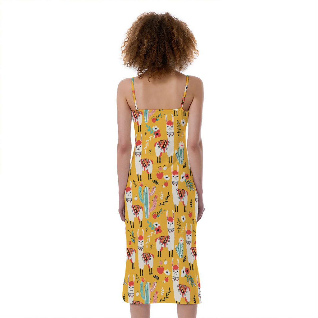 Yellow Llama Pattern Print Slim Fit Midi Cami Dress