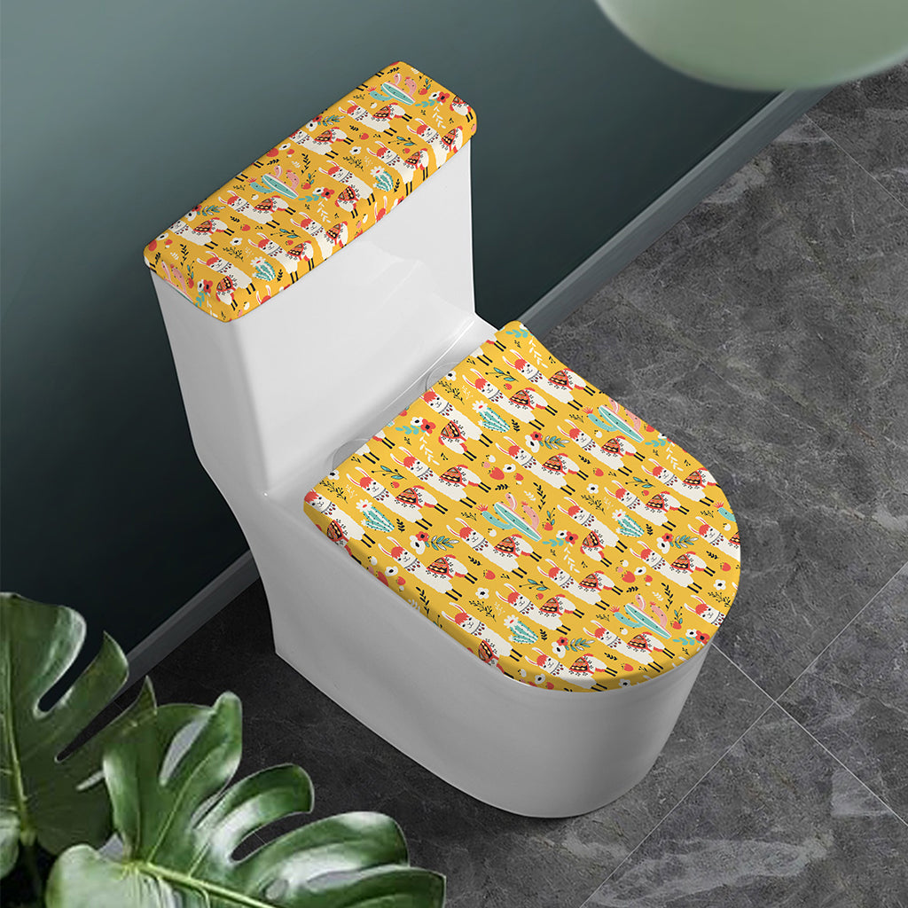 Yellow Llama Pattern Print Toilet Lid And Tank Cover Set