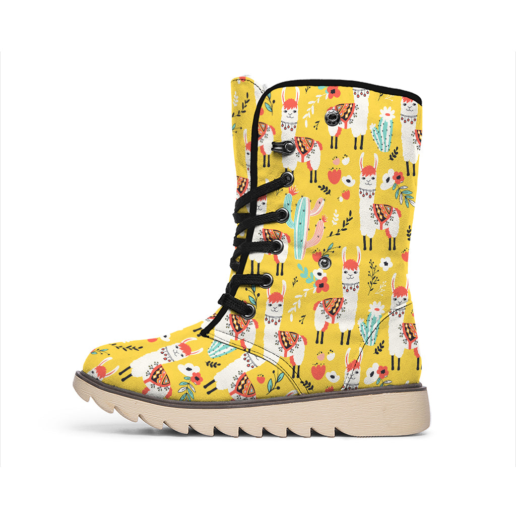 Yellow Llama Pattern Print Winter Boots