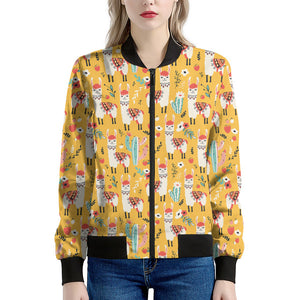 Yellow Llama Pattern Print Women's Bomber Jacket