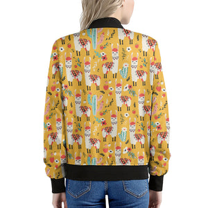 Yellow Llama Pattern Print Women's Bomber Jacket