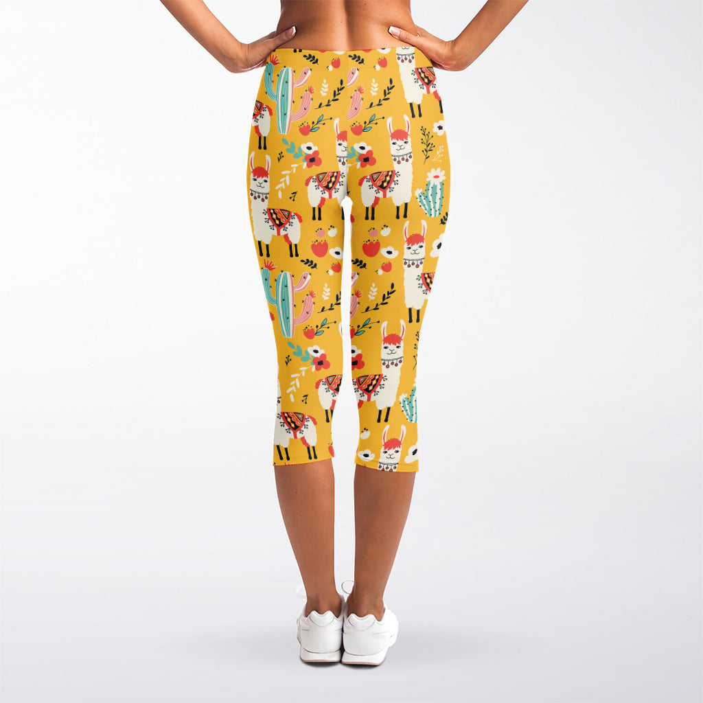 Yellow Llama Pattern Print Women's Capri Leggings