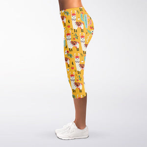 Yellow Llama Pattern Print Women's Capri Leggings