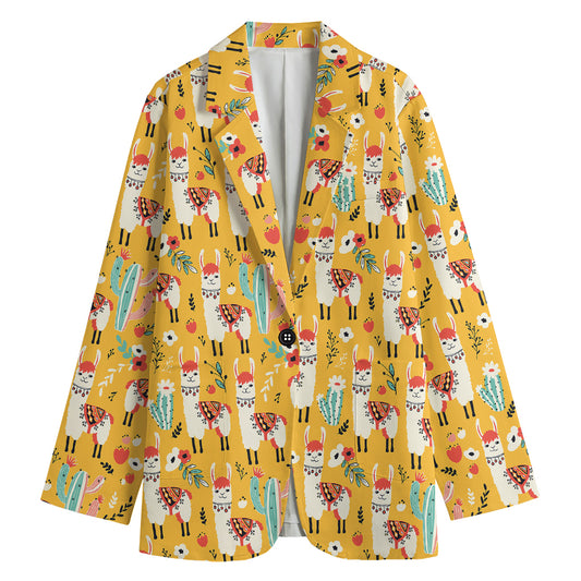 Yellow Llama Pattern Print Women's Cotton Blazer