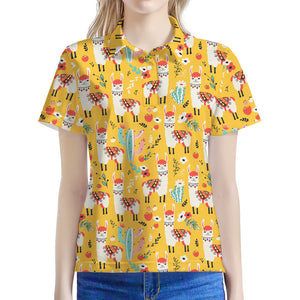 Yellow Llama Pattern Print Women's Polo Shirt