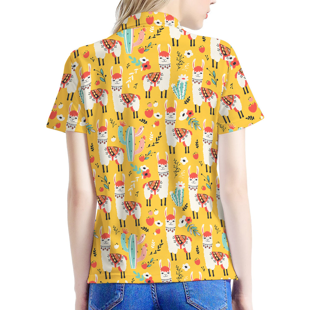 Yellow Llama Pattern Print Women's Polo Shirt