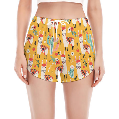 Yellow Llama Pattern Print Women's Split Running Shorts