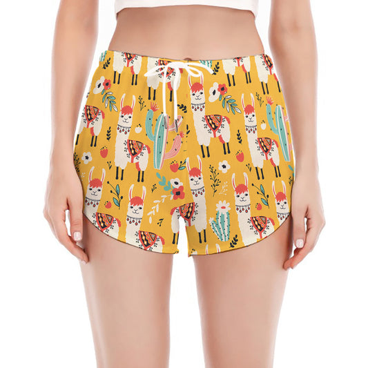 Yellow Llama Pattern Print Women's Split Running Shorts