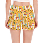 Yellow Llama Pattern Print Women's Split Running Shorts