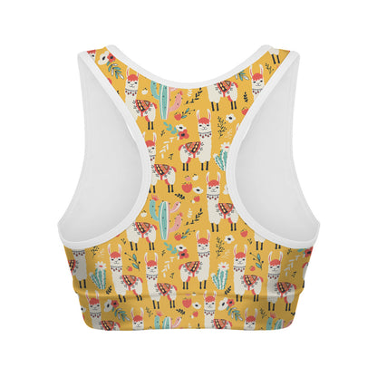 Yellow Llama Pattern Print Women's Sports Bra