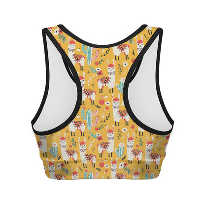 Yellow Llama Pattern Print Women's Sports Bra