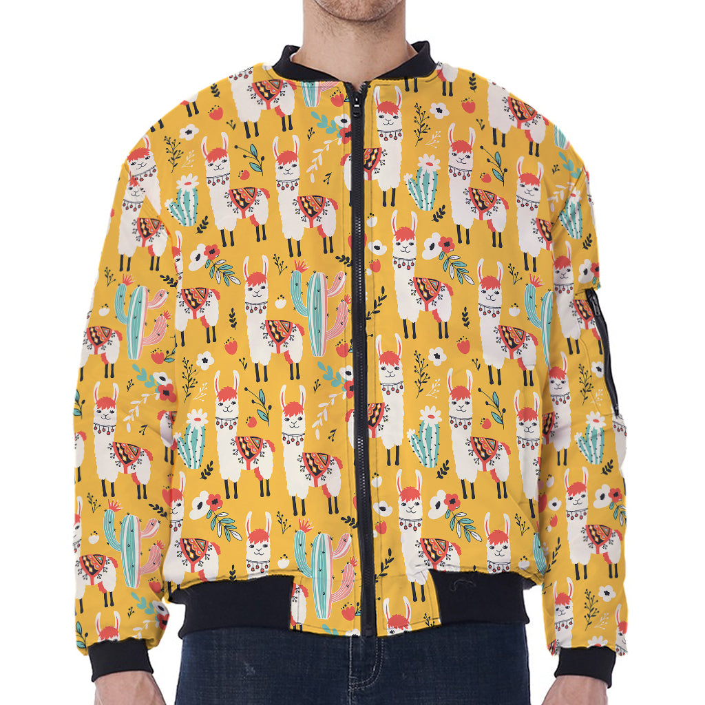 Yellow Llama Pattern Print Zip Sleeve Bomber Jacket