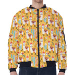 Yellow Llama Pattern Print Zip Sleeve Bomber Jacket