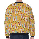 Yellow Llama Pattern Print Zip Sleeve Bomber Jacket