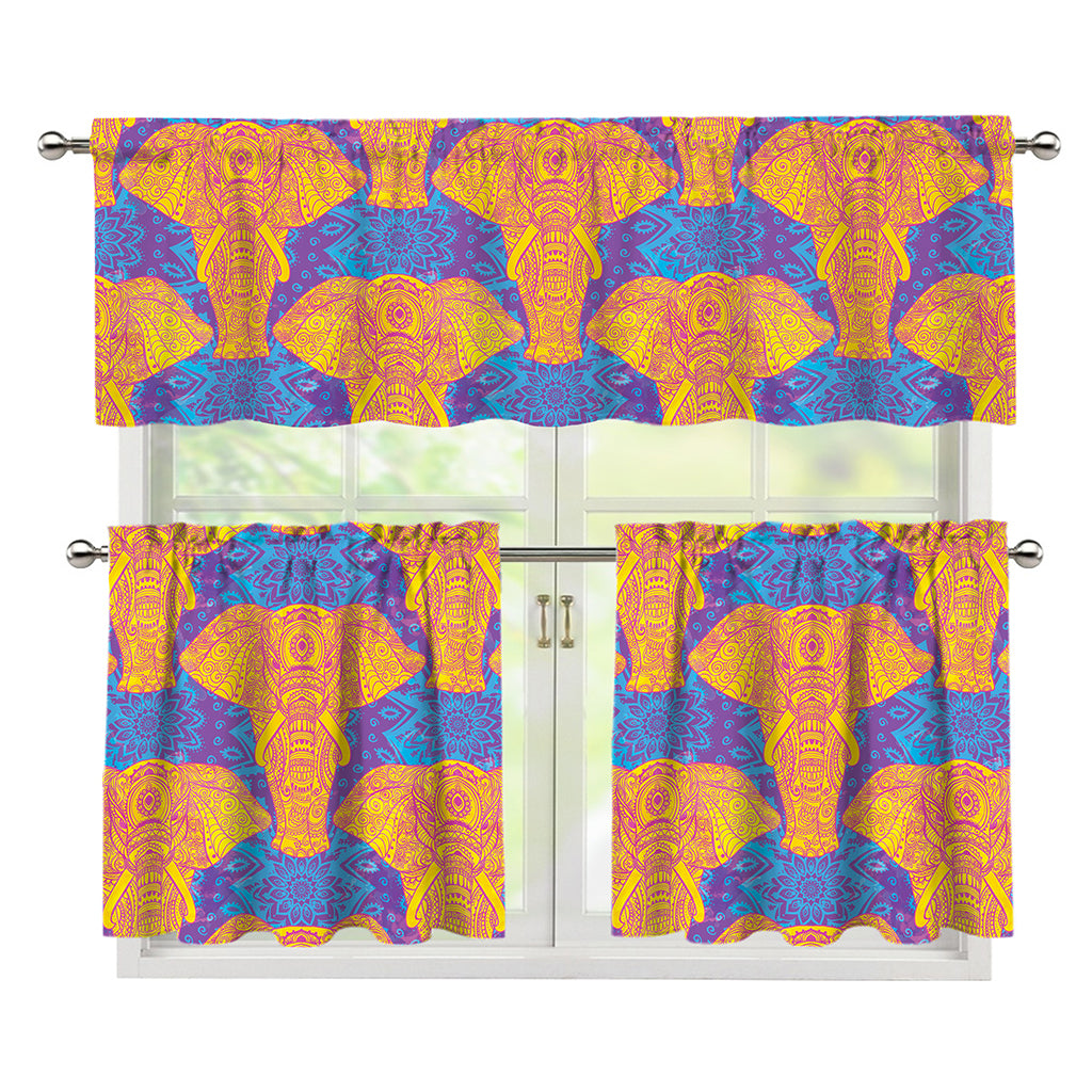 Yellow Mandala Elephant Pattern Print 3 Piece Kitchen Curtains