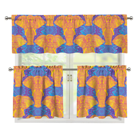 Yellow Mandala Elephant Pattern Print 3 Piece Kitchen Curtains