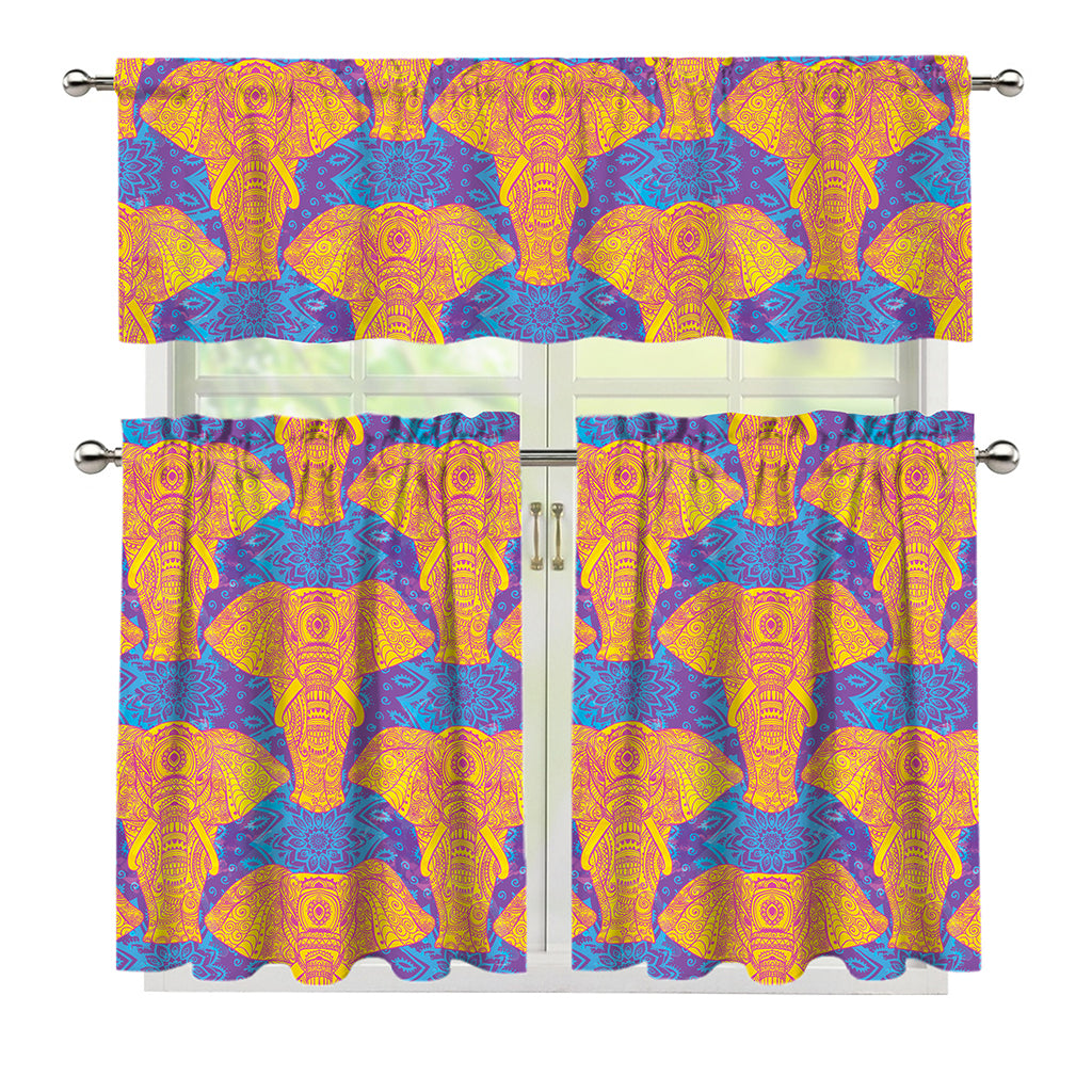 Yellow Mandala Elephant Pattern Print 3 Piece Kitchen Curtains