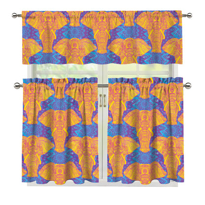 Yellow Mandala Elephant Pattern Print 3 Piece Kitchen Curtains