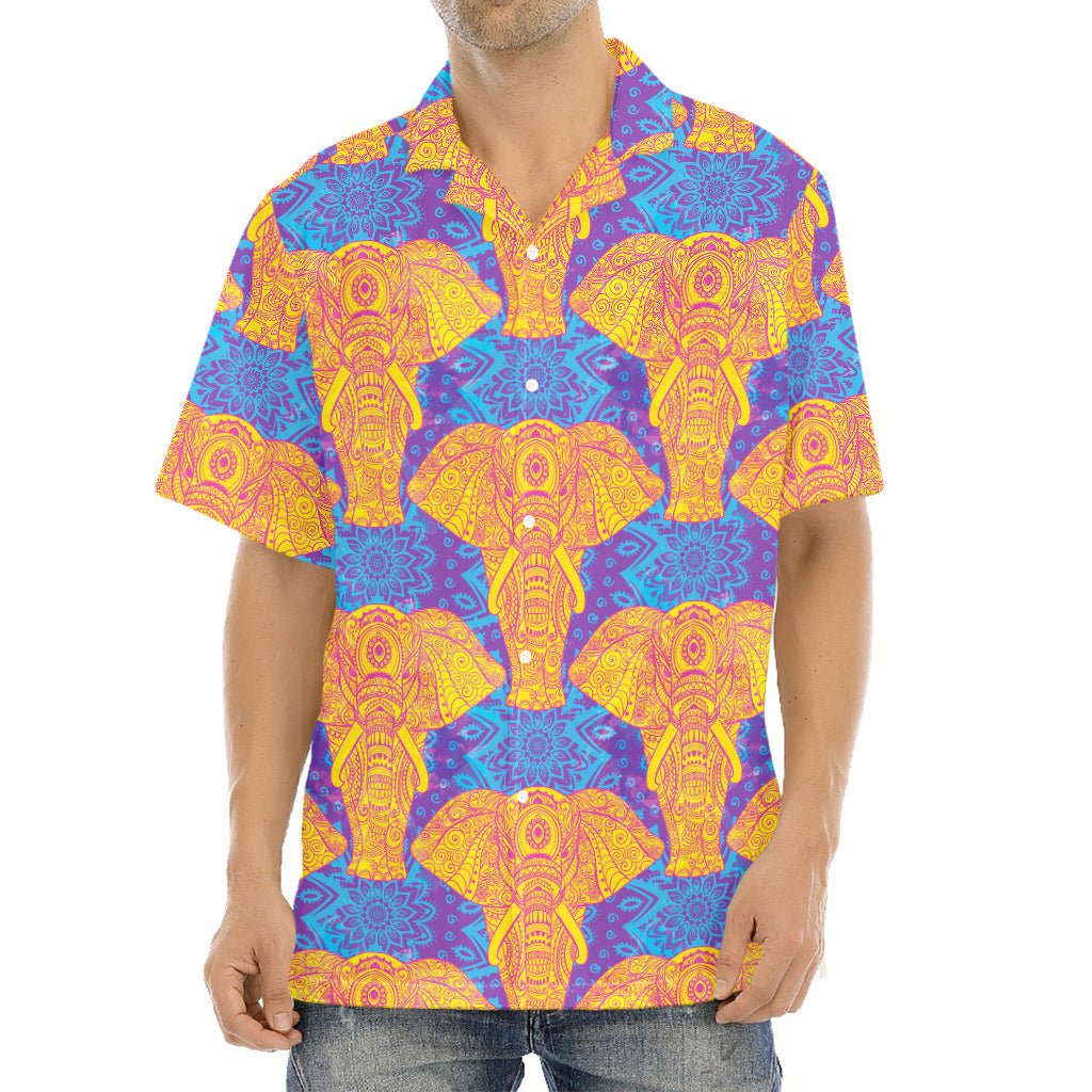 Yellow Mandala Elephant Pattern Print Aloha Shirt