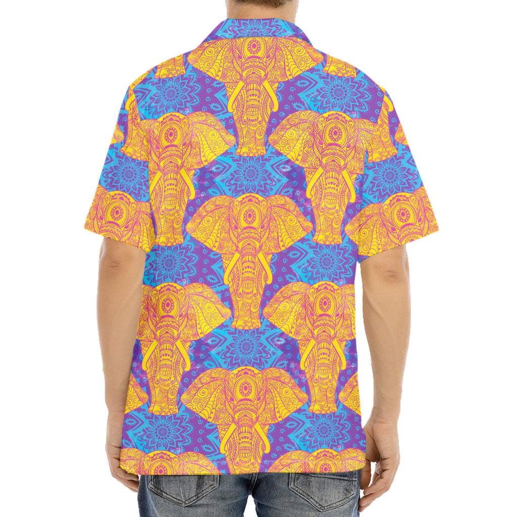 Yellow Mandala Elephant Pattern Print Aloha Shirt