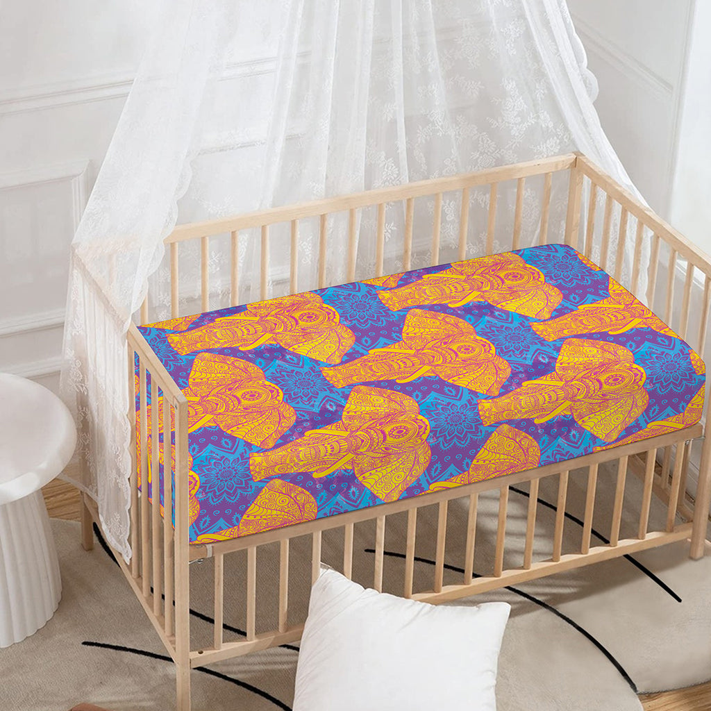 Yellow Mandala Elephant Pattern Print Baby Crib Sheet
