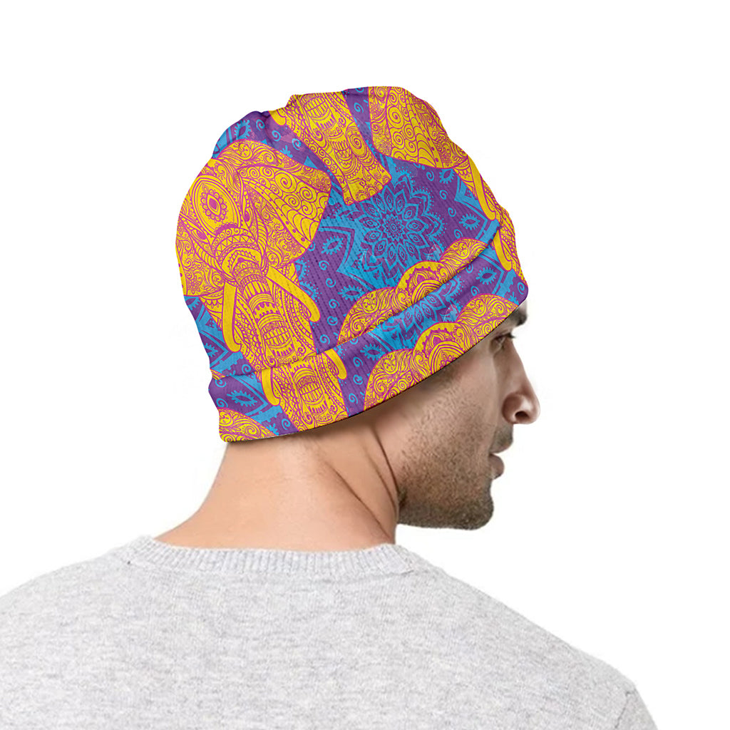 Yellow Mandala Elephant Pattern Print Beanie