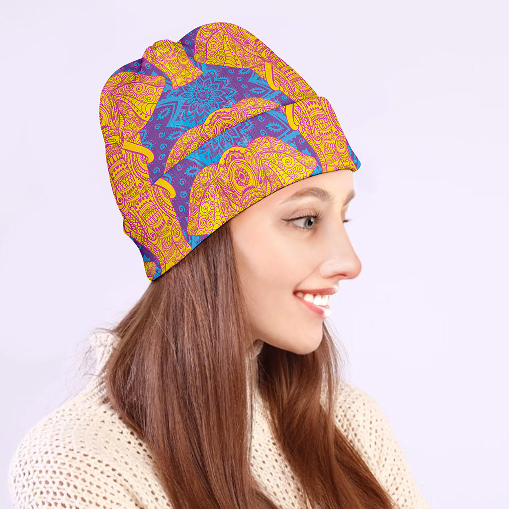 Yellow Mandala Elephant Pattern Print Beanie