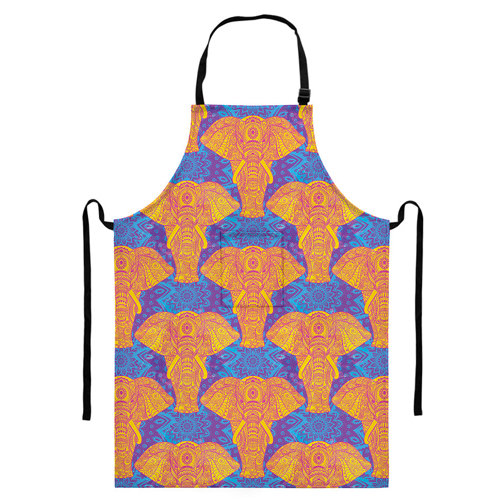 Yellow Mandala Elephant Pattern Print Bib Apron With Pocket