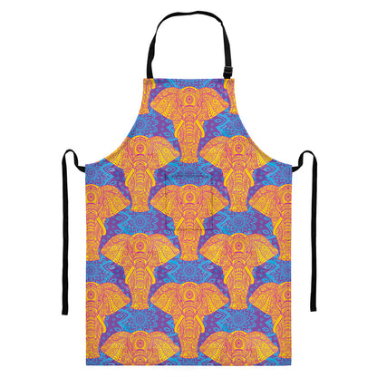 Yellow Mandala Elephant Pattern Print Bib Apron With Pocket