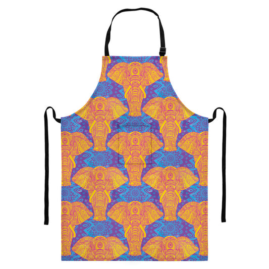 Yellow Mandala Elephant Pattern Print Bib Apron With Pocket