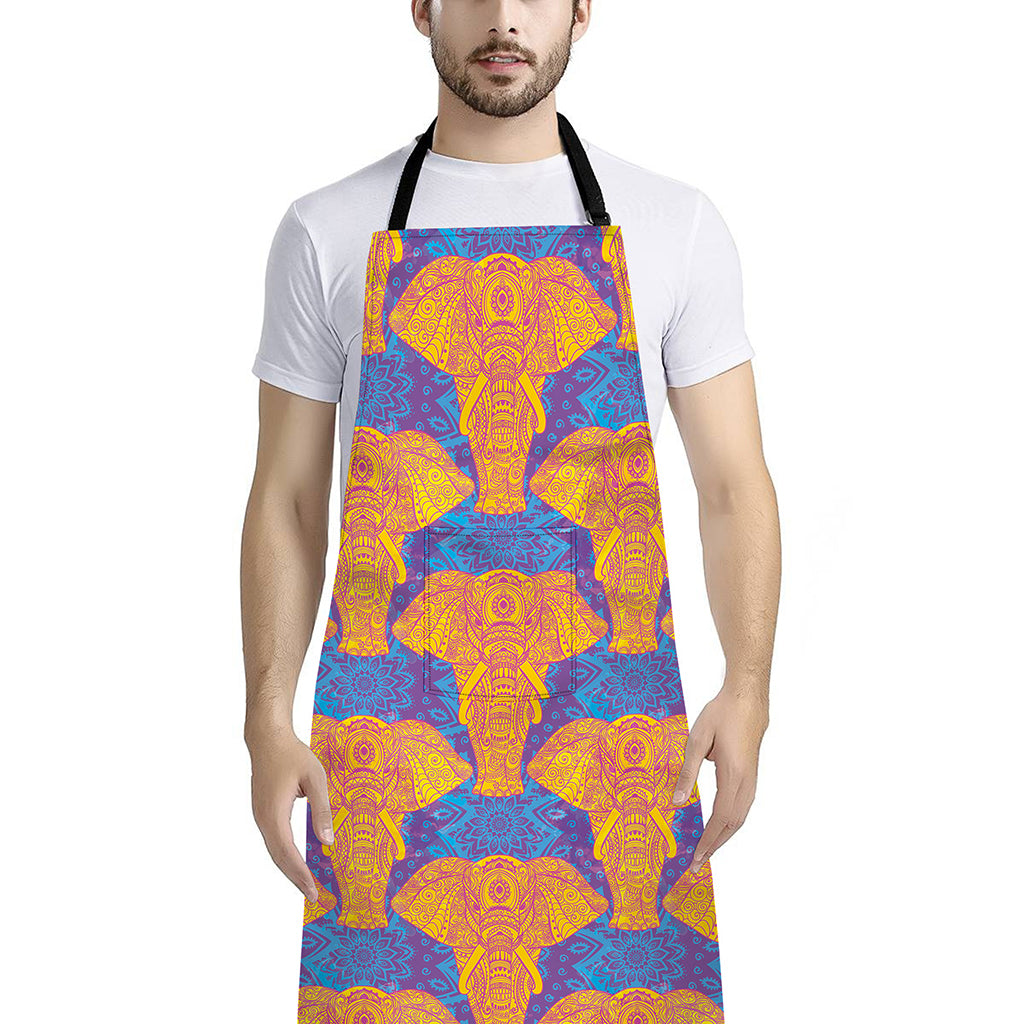 Yellow Mandala Elephant Pattern Print Bib Apron With Pocket