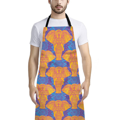 Yellow Mandala Elephant Pattern Print Bib Apron With Pocket