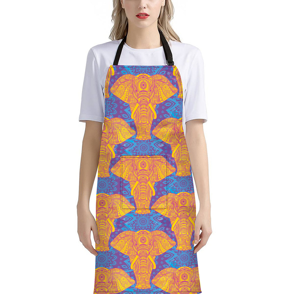 Yellow Mandala Elephant Pattern Print Bib Apron With Pocket