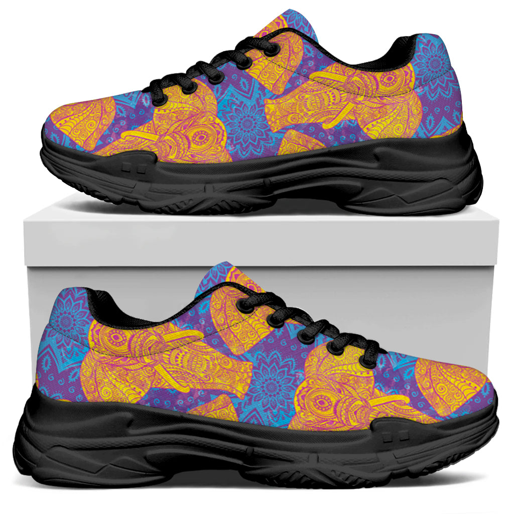 Yellow Mandala Elephant Pattern Print Black Chunky Shoes
